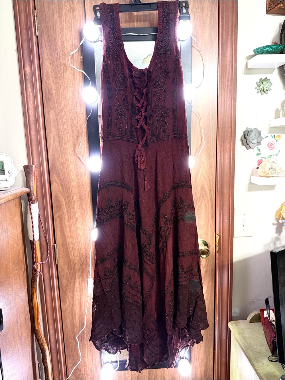 Sakkas Wine Lace-Up Embroidered Midi Dress